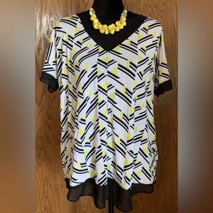 Worthington Yellow Black White Geometric Shortsleeve Sheer Shirt Size Large